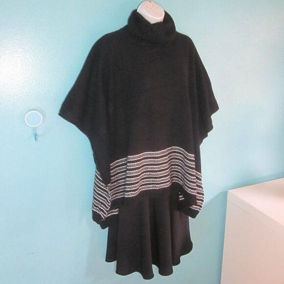 Michael Kors Black Knit Pullover Textured Metallic Stripe Poncho -One Size - Picture 2 of 12